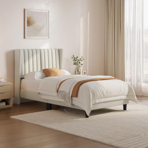 Image of Yaheetech Twin Bed Frame with Headboard,Ivory Channel-Tufted Platform
