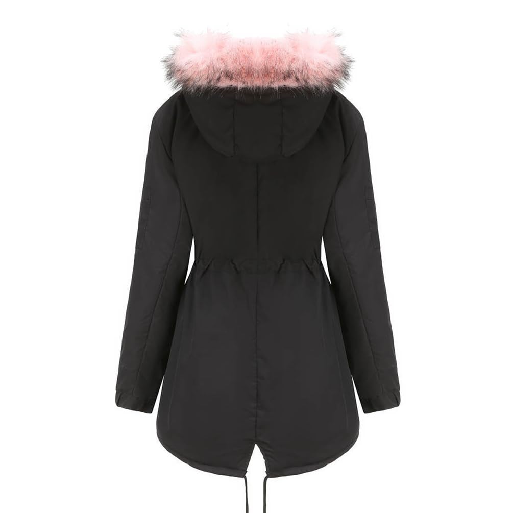 Płaszcze Parka Damskie Zimowe Termiczne Płaszcz Bawełniany Polar Długa Kurtka Z Kapturem Synthetic Futro Ciepła Kurtka Wiatroodporna Na Co Dzień Parka, Kolor czarny, 5XL