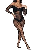 Leypafy Floral Femmes Sexy Bodystockings Imprime Ouverte RéSille Bodysuit Fishnet Lingerie de Nuit Pour Les Clubs(SYLT Black)