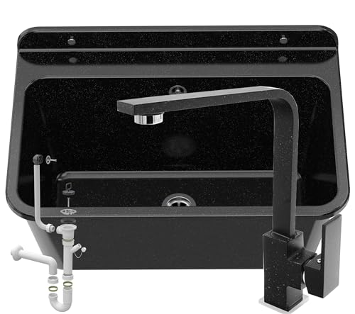 GRANITAN Lavandino da Esterno Moderno per Garage e Lavanderia - Lavatoio per Installazione Interna ed Esterna - Pilozzo da Esterno Giardino - 61x41x30 cm - Nero (Miscelatore per Lavabo)
