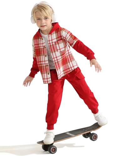 Image of 2Pcs Boys Clothes Sweatsuit Set Hoodie Flannel Plaid Shirt and Jogger Pants for Kids Fall Winter Spring Outfits