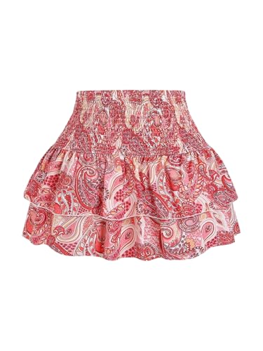 GORGLITTER Women's Pink Boho Mini Skirt Shirred High Waisted Layered Ruffle Skirts