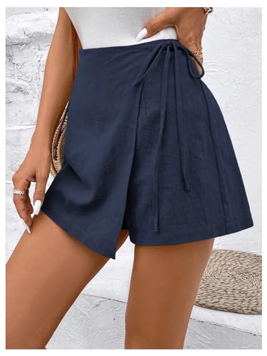 Floerns Women's Solid Wrap Front Linen Skirt Shorts Drawstring Knot Side Skort Shorts3