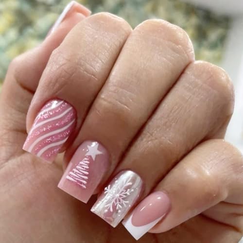 Pink Press on Nails Short Square Fake Nails with Designs Xmas Tre...