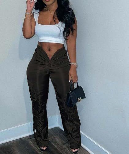 xxxiticat Women's Zipper Front Cargo Pants Mid Rise Drawstring Lace Up Bandage Criss Cross Cutout Low V-Style Trousers4