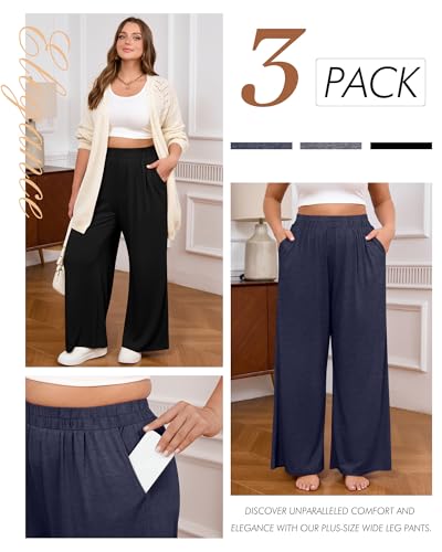 3 Pack Women Plus Size Wide Leg Pants Loose Fit Palazzo Lounge Yoga Sweatpants High Waist Casual Pajamas Pants4