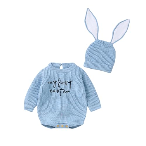 Amnnchya My First Easter Baby Girl Boy Outfit Newborn Knit Sweater Long Sleeve Oversized Pullover Sweatshirt Romper (Blue, 0-3 Months)