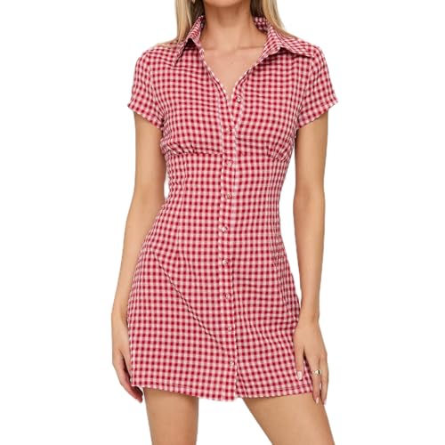 Women Y2K Button-up Plaid Mini Dress Cap Sleeve Lapel Neck Ruched Bust Shirred Back Bodycon Short Dress Streetwear (Red, L)