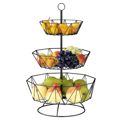 Chiluxendo Fruteros de Cocina de 3 Niveles, Frutero de Metal, Cesta Fruta Desmontable, Cesta de Frutas para Almacenamiento Verduras, Pan y Aperitivos(Negro, 44.5 × 28.5cm)