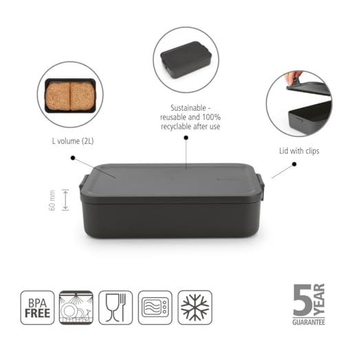Brabantia - Make & Take Lunch Box - Large Volume (2L) - BPA-Free - Lid with Clips - Suitable for Freezer - Dishwasher & Microwave Safe - Dark Grey - 25.5 x 16.7 x 6 cm