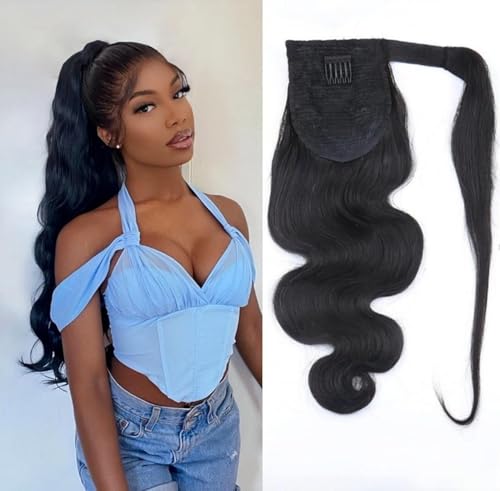 Sexycat Body Wave Ponytail Extension Human Hair 14 Inch 100g Wrap Around Real Clip in Human Hair Ponytail for Instant Volume & Length #1B Natural Black