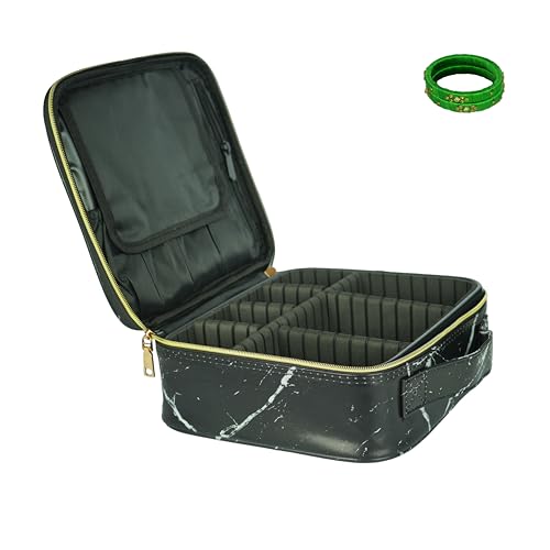 Image of Travel-Friendly Cosmetic Makeup Organizer Bag with Adjustable Compartments - Professional Toiletry Vanity Kit | Makeup Kit Storage Box | Cosmetic Bag | Makeup Brush Organizer (Black Marble)