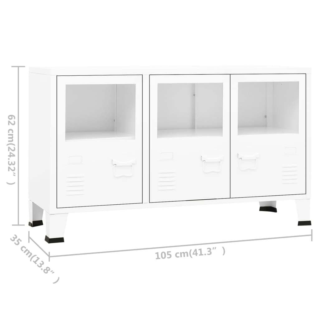 Aparador industrial blanco 105 x 35 x 62 cm, armario de metal de cristal con espacio de almacenamiento, soporte para placa de nombre, para salón, comedor y cocina