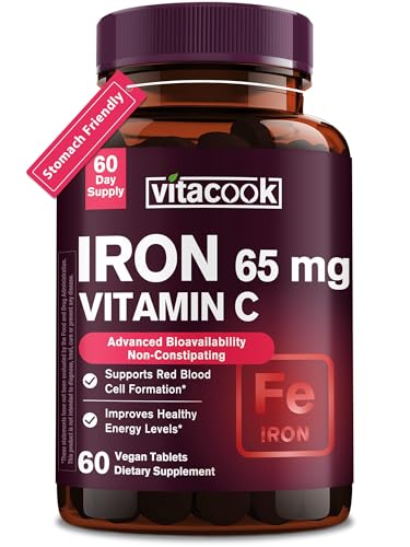 Iron Supplement for Women Men, High Potency Iron 65mg with Vitamin C 250mg, Stomach Friendly Iron Pills for Red Blood Cell & Immune Support, Vegan, Non-GMO & Gluten Free, 60 Tablets