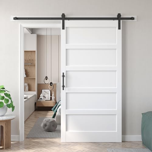 Image of Fredbeck 40x84 inch White Barn Door with 7FT Sliding Door Hardware Kit Included & Handle,MDF,Solid PVC Surface,DIY Assembly,5-Panel