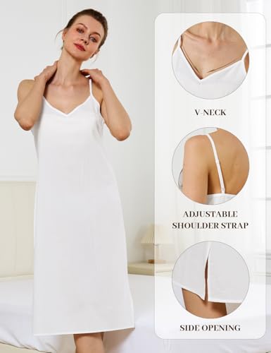 Image of Women Dress Slips for Under Dresses 100% Cotton Full Slip with Adjustable Spaghetti Strap V Neck
