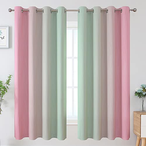 Estelar Textiler Ombre Sage Green and Pink Blackout Curtains 63 Inch Length 2 Panels for Playroom, Gradient Thermal Insulated Full Light Blocking Grommet Blackout Drapes for Kids Room, 52Wx63L