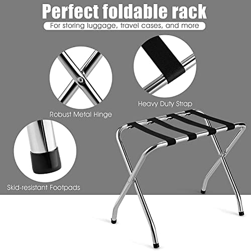 Hysache Foldable Luggage Rack, Chrome Bag Suitcase Holder W/Nylon Straps, No Assembly Required, Durable Folding Bag Holder For Home, Bedroom, Guest Room, Hotel, Silver #TOP5
