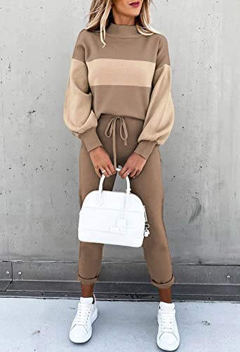 Fixmatti Women Two Piece Sweatsuits Colorblock Sweatshirt Matching Long Pant Jogger Set Tracksuit Khaki L #TOP1