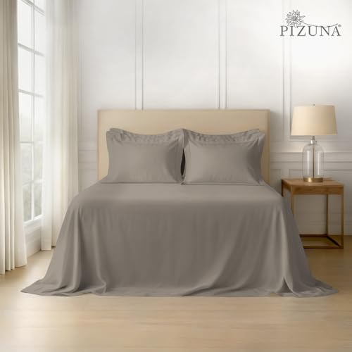 Image of Pizuna 100% Cotton Bedsheet Super King Size Simply Taupe, 600 Thread Count Long Staple Combed Cotton Flat Bedsheets 108x108 Inches with 4 Pillow Covers, Bed Sheet for Super King Size Bed