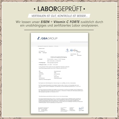 Eisentabletten hochdosiert 180x mit 40 mg Eisen + Vitamin C (40 mg) aus Hagebutten - EISEN + Vitamin C FORTE mit bioverfügbarem Eisenbisglycinat - laborgeprüft mit Zertifikat - Vorrat für 6 Monate