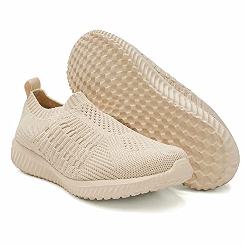 Konhill Women's Casual Walking Shoes - Breathable Mesh Work Slip-On Sneakers 10 Us,Beige #TOP3