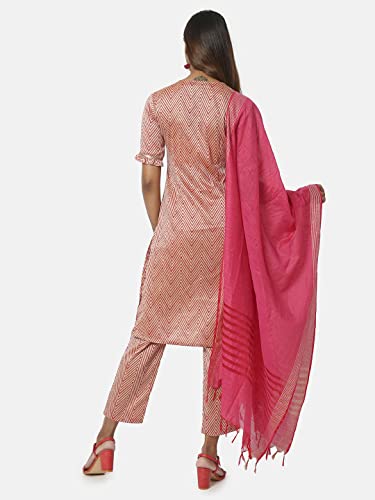 Image of SAAKI by Samantha Ruth Prabhu Beige and Red Printed Kurta Bottom Dupatta Set for Women | Silk Blended Kurta Set | Casual Wear, (Beige and Red Set, Pack of 3)