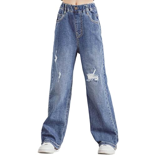Kids Girls Ripped Distressed Washed Jeans High Waisted Straight Baggy Wide Leg Denim Pants Casual Wear3