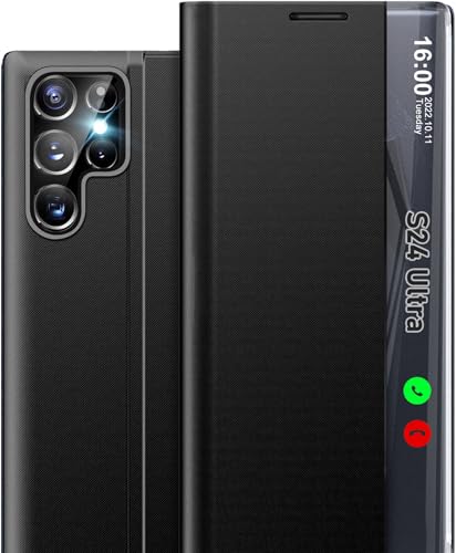 Coque Samsung S24 Ultra pour le quotidien, support vidéo béquille et rabat noir