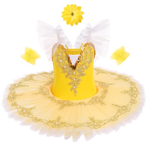 AFAVOM Ballerina Swan Lake Costume for Girls Camisole Skirted Leotard Ballet Dance Outfit with Hair Clip Armbands Sparkle Embroidery Hard Platter Tutu Performance Dancewear Dress Yellow 7-8 Years