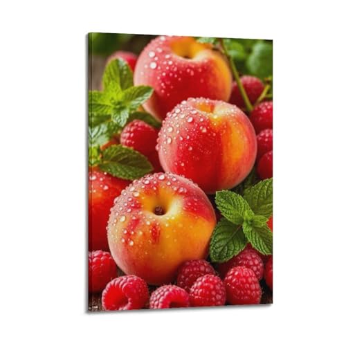 Poster mural à suspendre pêches et framboises 50x75 cm pour décoration cuisine