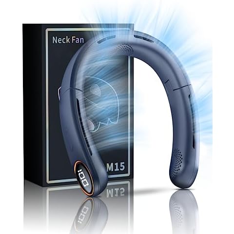 TUNISE Neck Fan,5200mAh Portable Fan,Adjustable Personal Fan Can Be Fixed on Neck,3 Turbos,Strong Wind,360° Cooling, Super Quiet, Bladeless Design, Display Electricity in Real Time, Standard, Blue Cover