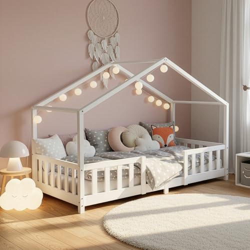 [en.casa] Letto per Cameretta a Forma di Casetta con Barriera di Protezione Letto Singolo per Bambini Struttura in Legno di Pino 90 x 200 cm Bianco