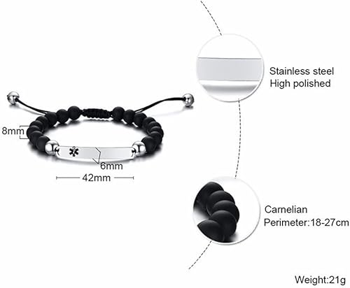 Miniatura 2 de ZKXXJ Pulsera médica personalizada para mujeres y hombres, de acero inoxidable, ajustable, con cuentas de ónix blanco y negro, pulsera de alerta