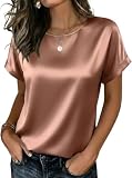 Zeagoo Satin Blouse for Women Dressy Casual Short Sleeve Summer Tops Crewneck Silk Shirts Work Tee Business Clothes Light Khaki