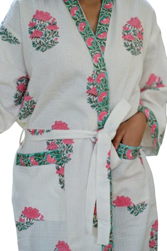 Image of Hand Block Print Premium Waffle Cotton Fabric White Bathrobe For Women's Absorbent & Soft Bathing Gown