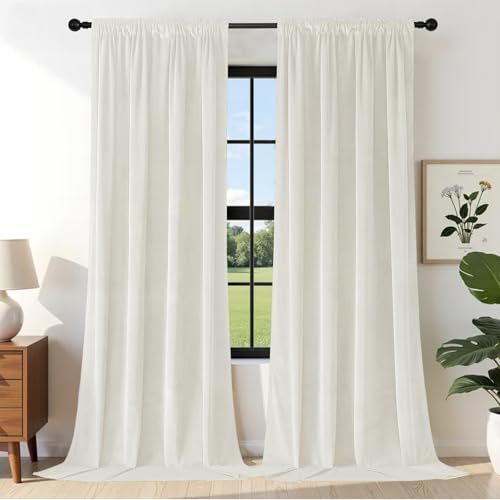 Joydeco Wohnzimmer Samt Gardinen 2er Set H 240 x B 140 Elfenbeinweiß Elegant Samtvorhang Verdunklungsvorhänge Thermovorhang Kälteschutz Blickdicht Schlafzimmer