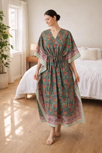 Image of Hand Block Printed Pure Cotton Kaftan for Women, Free Size Relaxed Fit Maxi, Lounge, Nightwear, Beach Cover-Up, Handmade Ethnic Boho Kaftan Dress V-Neck