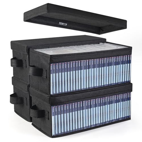Image of UENTIP CD Storage Box, Pack of 4 CD Case holder, For Home Car Travel Office | CD Organizer,Clear Side Label Window,Soft Non-Woven Fabric Cover,Holds 128 Full Jewel Cases,256 Slim Cases,or 700 Sleeved CDs