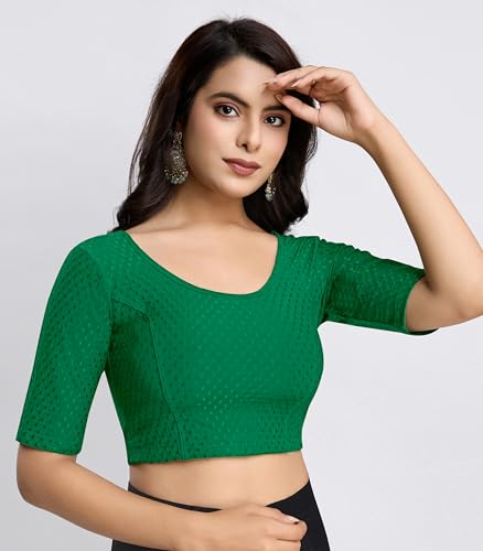 Image of TRENDMALLS Women's Dobby Pure Cotton Elastin Stretchable Readymade Round Neck Elbow Length Sleeves Blouse Choli Stylish Saree Blouse Ready to Wear