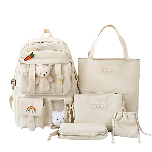 Kawaii 5PCS Backpack Set for Girls with Cute Bear Accessories - School Bookbag, Shoulder Bag, Handbag, Pen Pouch & More - Perfect for Student Back to School Supplies, Off-White