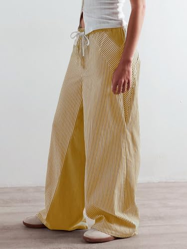Image of PEIHOT Low Rise Striped Pants for Women Pull On Drawstring Boho Wide Leg Jeans Trendy 2026
