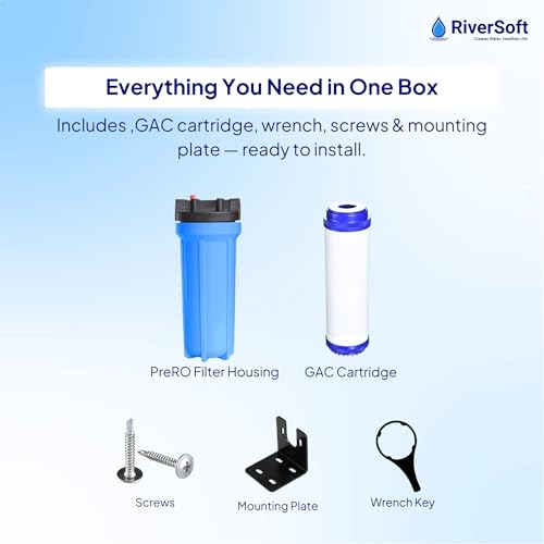 Image of RiverSoft Prefilter Assembly Granular with Activated Carbon (GAC) Filter with Housing - Reduces Chlorine, Odors. (3 /4 inch Inlet /Outlet, Blue, PP)