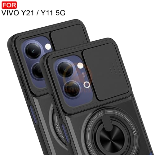 Image of Vivo Y21 5G / Y11 5G Back Cover | Armor Camera Slider 360 Degree Rotating Finger Ring Holder Case with Bracket Stand Back Case Cover (Compatible with MagSafe Accessories) (Black)