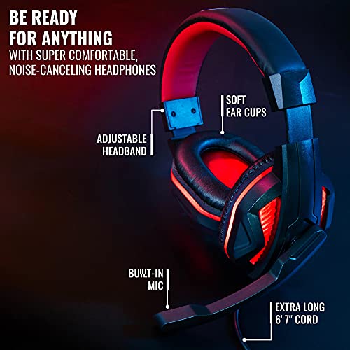 Ritz Gear Gaming Accessories Kit (Red) | 4-in-1 LED Backlight Bundle PC Combo with Multimedia Keyboard, Optical Mouse, Mouse Pad & Headset with Adapter | for Windows 7+ Desktop, Laptop, Xbox & PS4