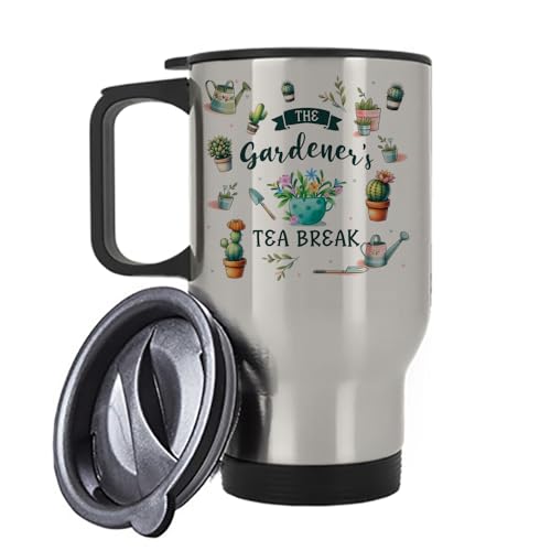 Image of Getagift The Gardener's Tea Break Mug, Gift for Gardeners, Insulated 14oz Travel Mug, Tea, Coffee Mug. (Silver)