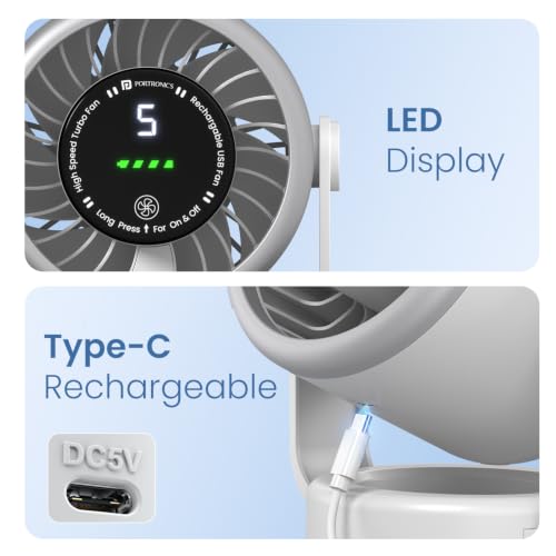 Image of Portronics Toofan X Desk & Hanging Fan with Digital Display, 5 Speed Modes, Touch Control, 4000mAh Rechargeable Battery, 2500 RPM BLDC Motor, Type-C Charging, 7-Blade Airflow, Up to 10 Hours Runtime