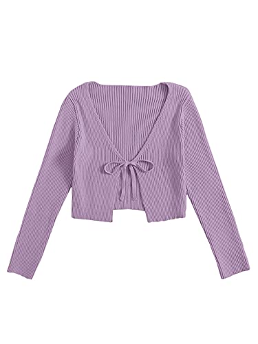Floerns Women's Tie Front Long Sleeve Rib Knit Cardigan Crop Top Lilac Purple L #TOP11