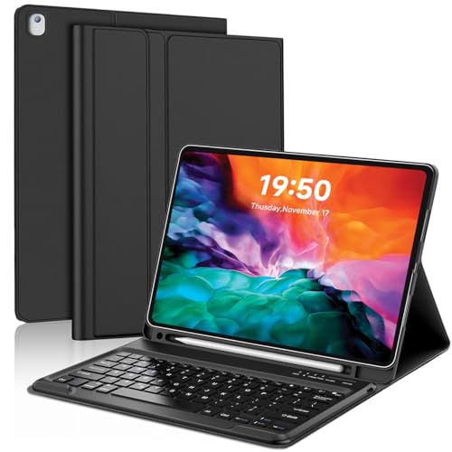 YUNPLE for iPad Pro 12.9 inch Detachable Keyboard Case - Rechargeable Smart Folio Cover with Pencil Holder for 1st & 2nd Generation (2015/2017) Wireless Bluetooth Typing for Work and Study Black