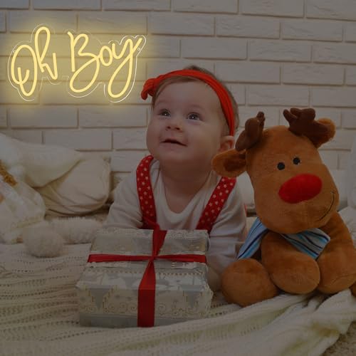 Image of Neon Sign USB Powered for Baby Shower Party Wall Decor, Oh Boy Neon Light Up Sign for Baby Shower Backdrop, White Plastic Neon Sign with Mounting Hardware